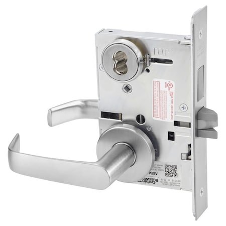 Entrance Or Storeroom Mortise Lock, NS Lever, A Rose, 6-Pin LFIC Less Core, Satin Chrome